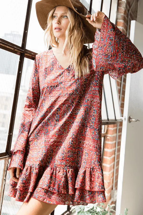 Floral Print Ruffle Sleeves Midi Dress