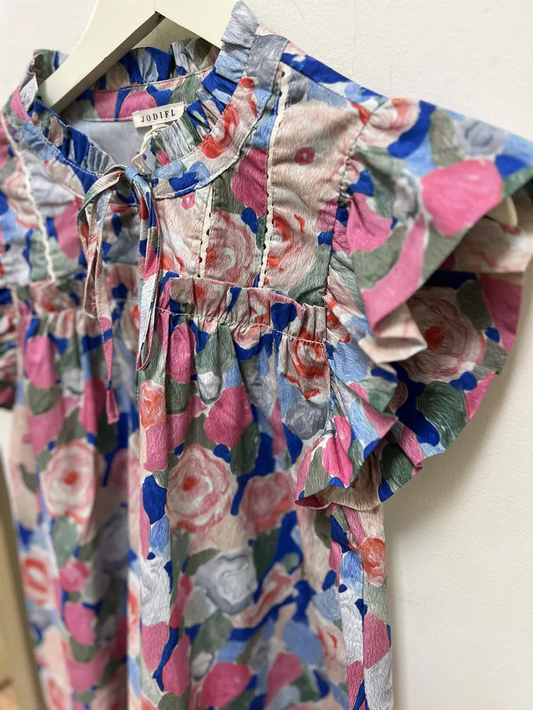 Floral Print Ruffly Shoulder Top