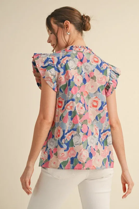 Floral Print Ruffly Shoulder Top