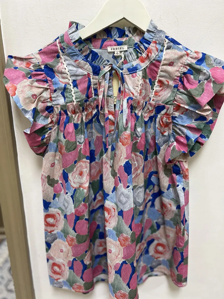 Floral Print Ruffly Shoulder Top