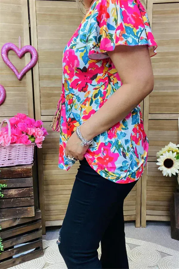 Floral print top with Ruffle short sleeves