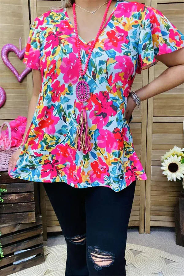 Floral print top with Ruffle short sleeves