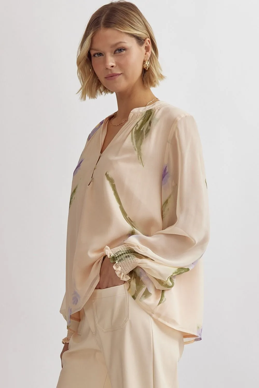 Floral Print V-Neck Long Sleeve Top