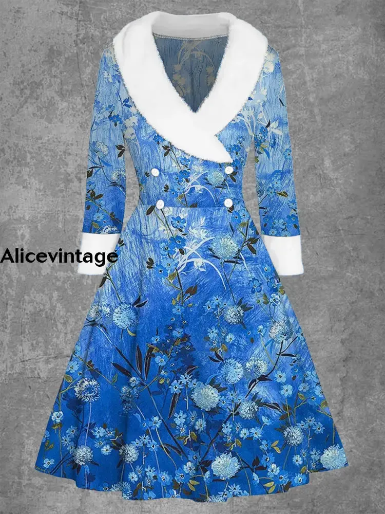 Floral Print Vintage Elegant Fur Collar Button Long Sleeve Coat Dress