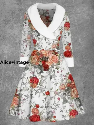 Floral Print Vintage Elegant Fur Collar Button Long Sleeve Coat Dress