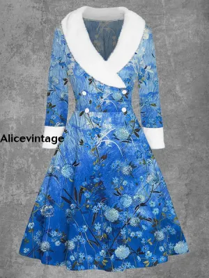 Floral Print Vintage Elegant Fur Collar Button Long Sleeve Coat Dress