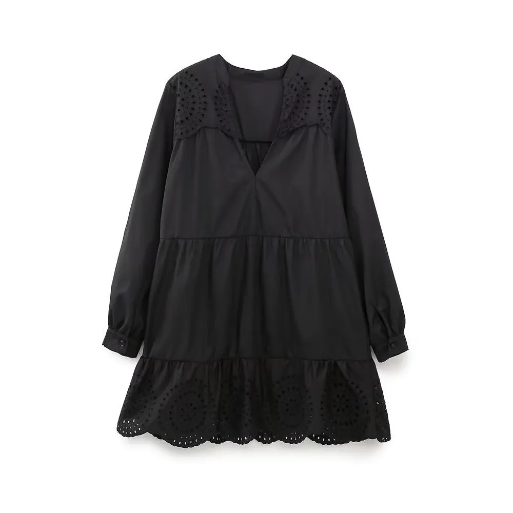 Foreign Trade2023European American Summer New Fashion Stitching HollowVCollar Embroidered Midi Dress
