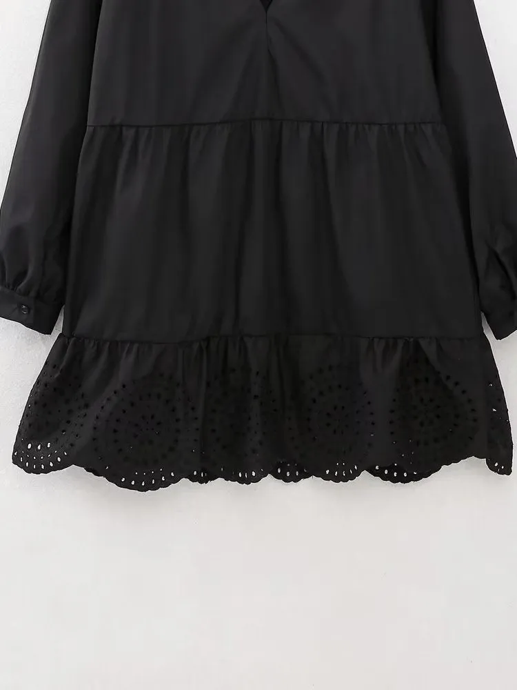 Foreign Trade2023European American Summer New Fashion Stitching HollowVCollar Embroidered Midi Dress