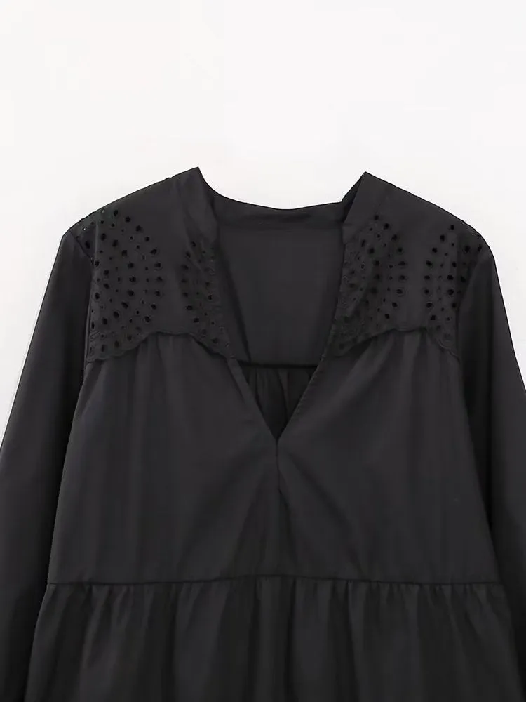 Foreign Trade2023European American Summer New Fashion Stitching HollowVCollar Embroidered Midi Dress