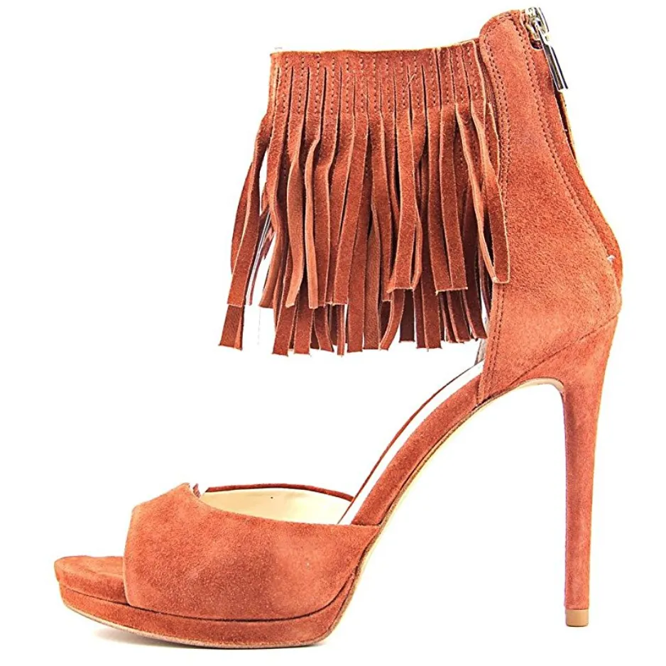 Geneva Fringe Ankle Strap Open Toe Pumps