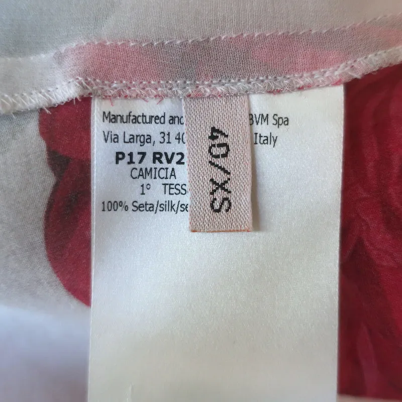 Giambattista Valli Rose Print Bow Blouse White/Red Silk Size 40 Bell Sleeve Top