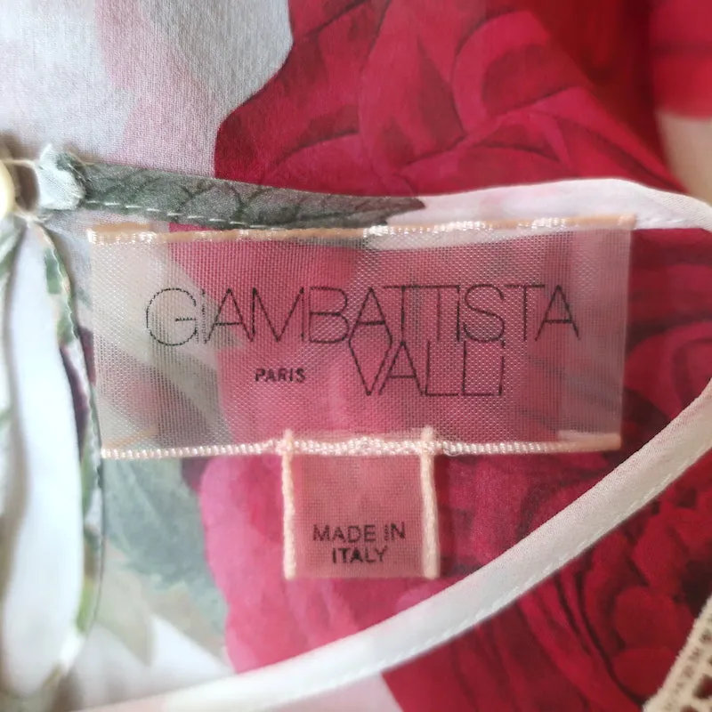 Giambattista Valli Rose Print Bow Blouse White/Red Silk Size 40 Bell Sleeve Top