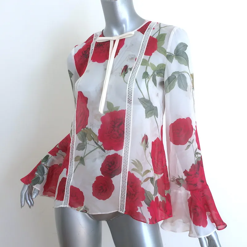 Giambattista Valli Rose Print Bow Blouse White/Red Silk Size 40 Bell Sleeve Top