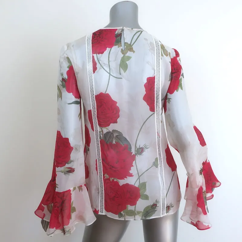 Giambattista Valli Rose Print Bow Blouse White/Red Silk Size 40 Bell Sleeve Top