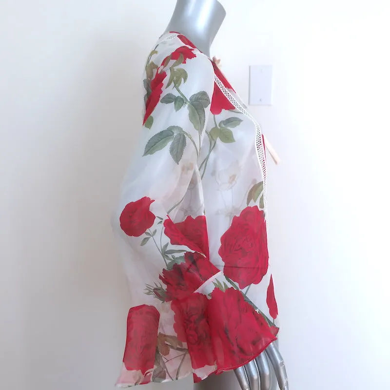 Giambattista Valli Rose Print Bow Blouse White/Red Silk Size 40 Bell Sleeve Top