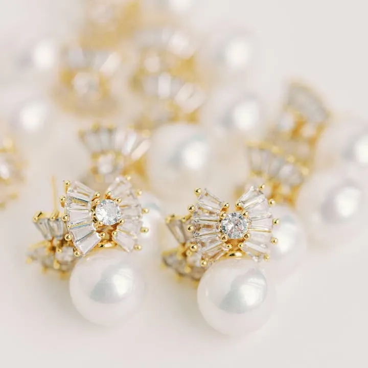 Gold Pearl Sparkler Statement Bow Earrings