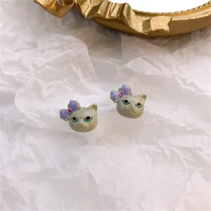 Gray & Silver-Plated Bow Kitty Stud Earrings