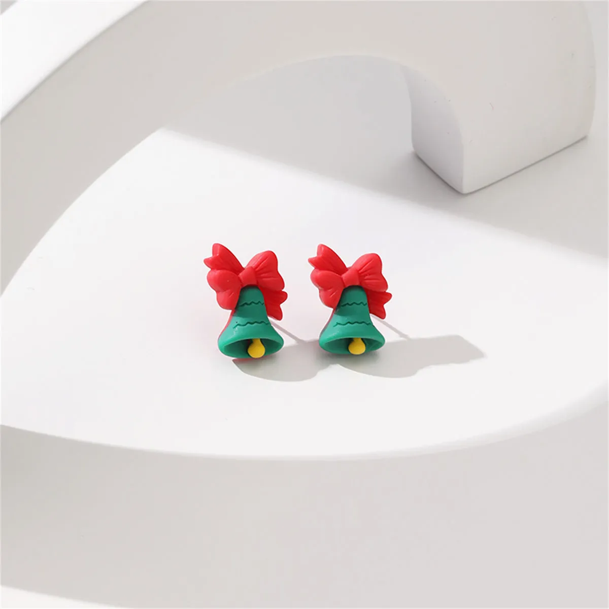 Green & Red Resin Silver-Plated Bow Bell Stud Earrings