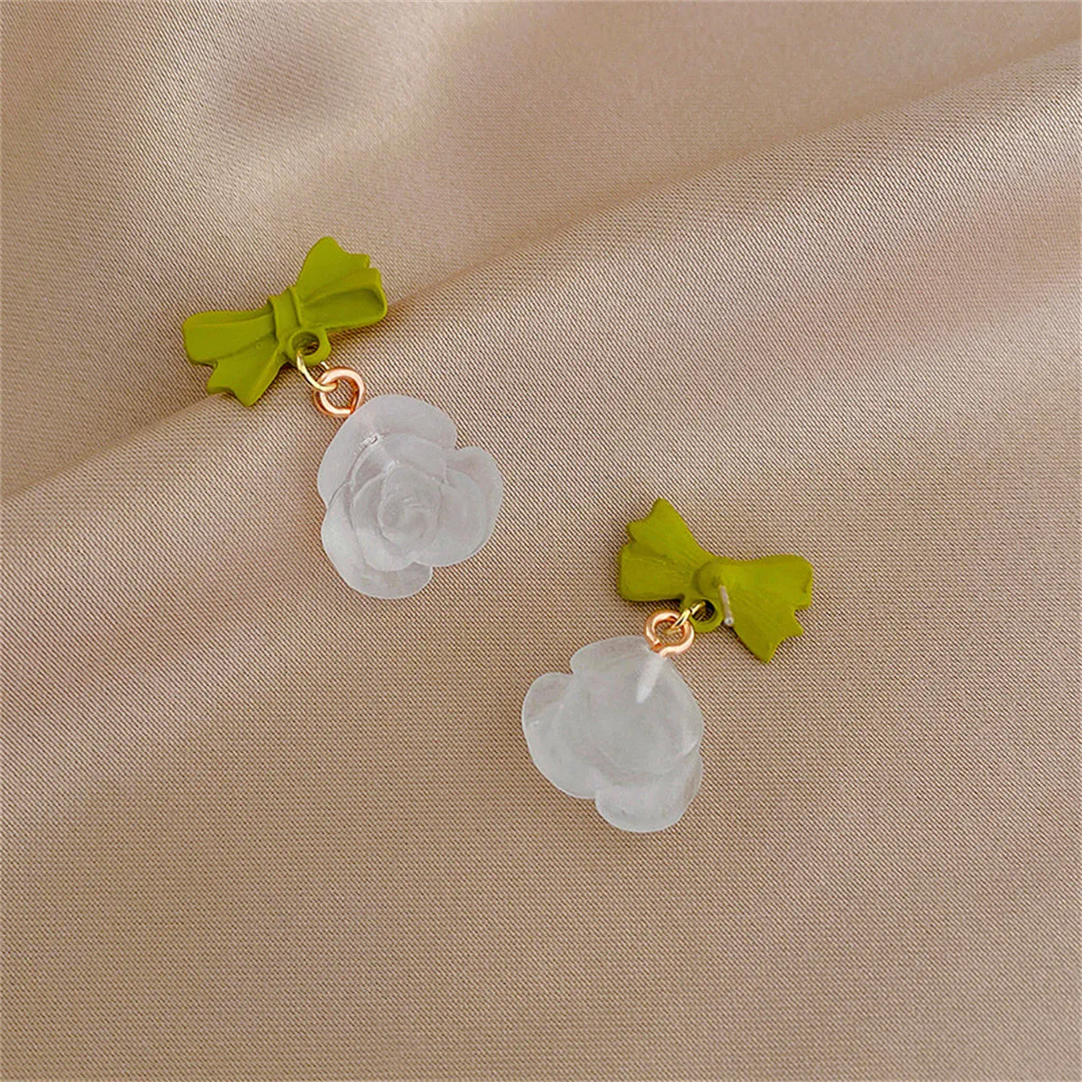 Green & Translucent Bow & Rose Drop Earrings