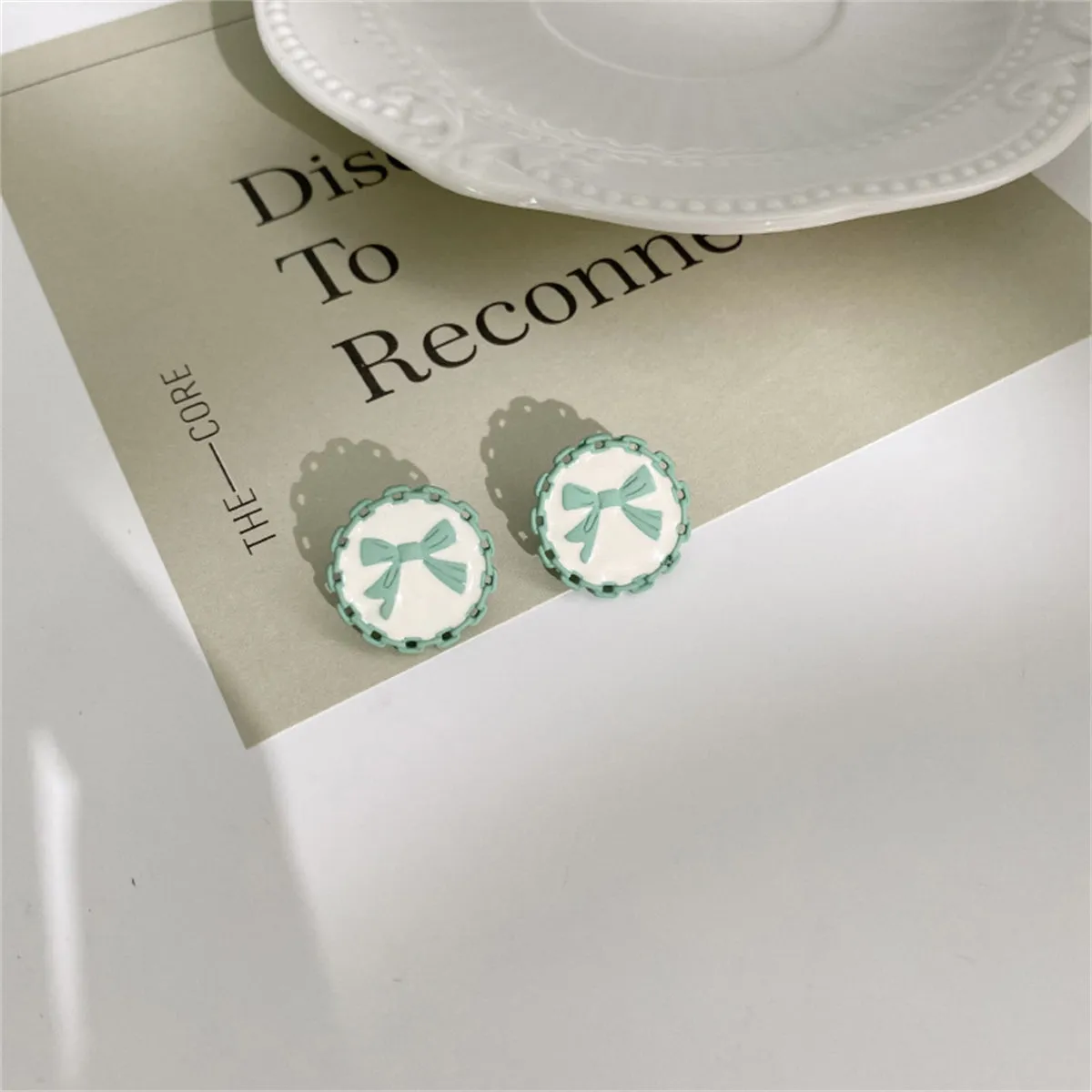 Green & White Bow Stud Earrings