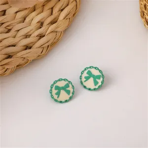 Green & White Bow Stud Earrings