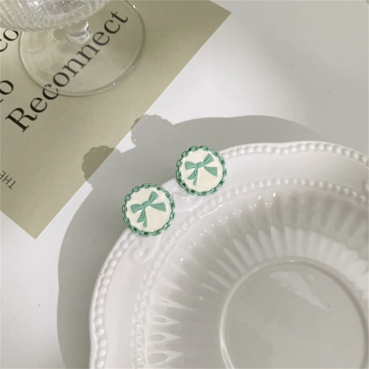 Green & White Bow Stud Earrings