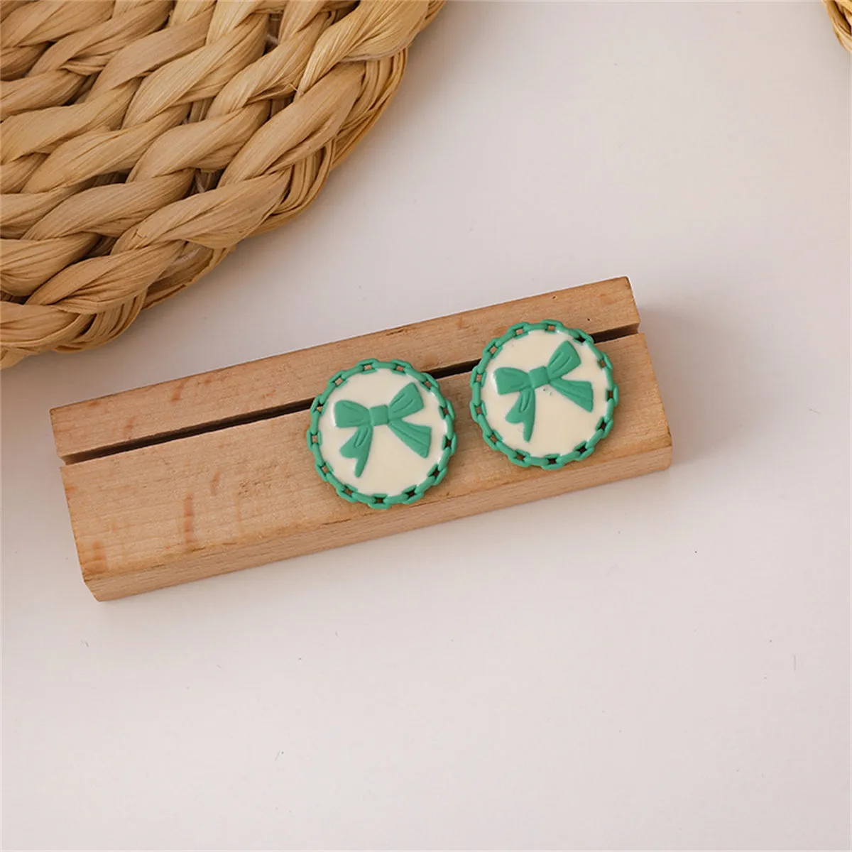 Green & White Bow Stud Earrings
