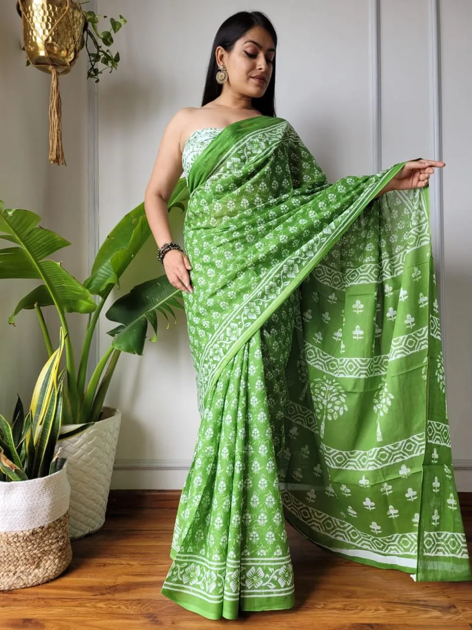 Green Black Traditional Hand Block Print MulMul Cotton Saree