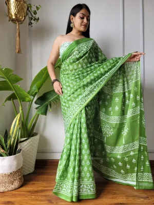 Green Black Traditional Hand Block Print MulMul Cotton Saree