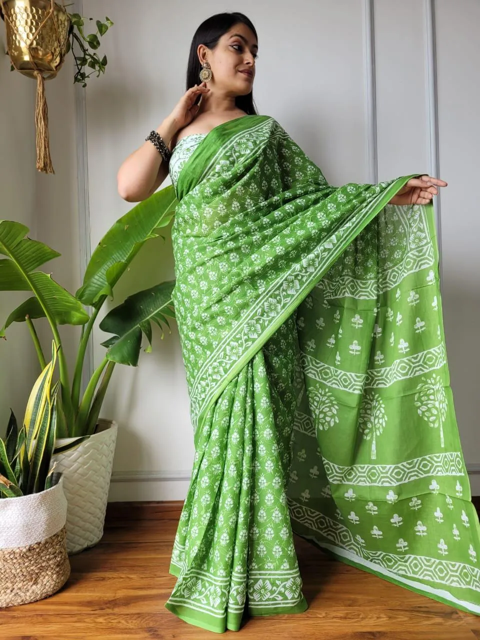 Green Black Traditional Hand Block Print MulMul Cotton Saree
