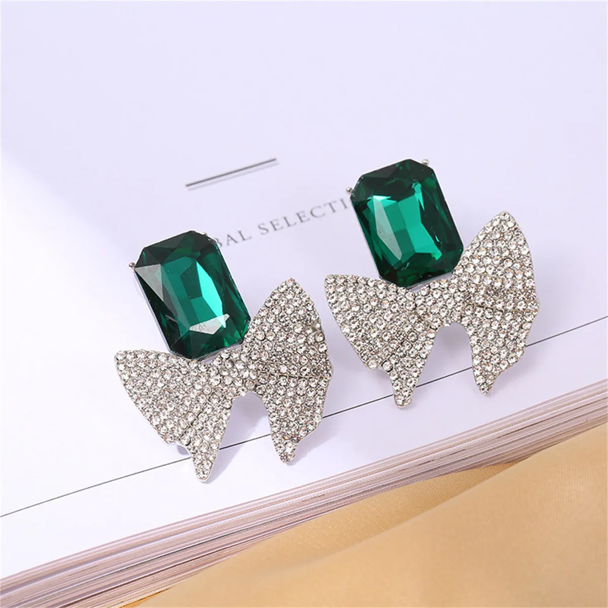 Green Crystal & Cubic Zirconia Silver-Plated Bow Drop Earrings