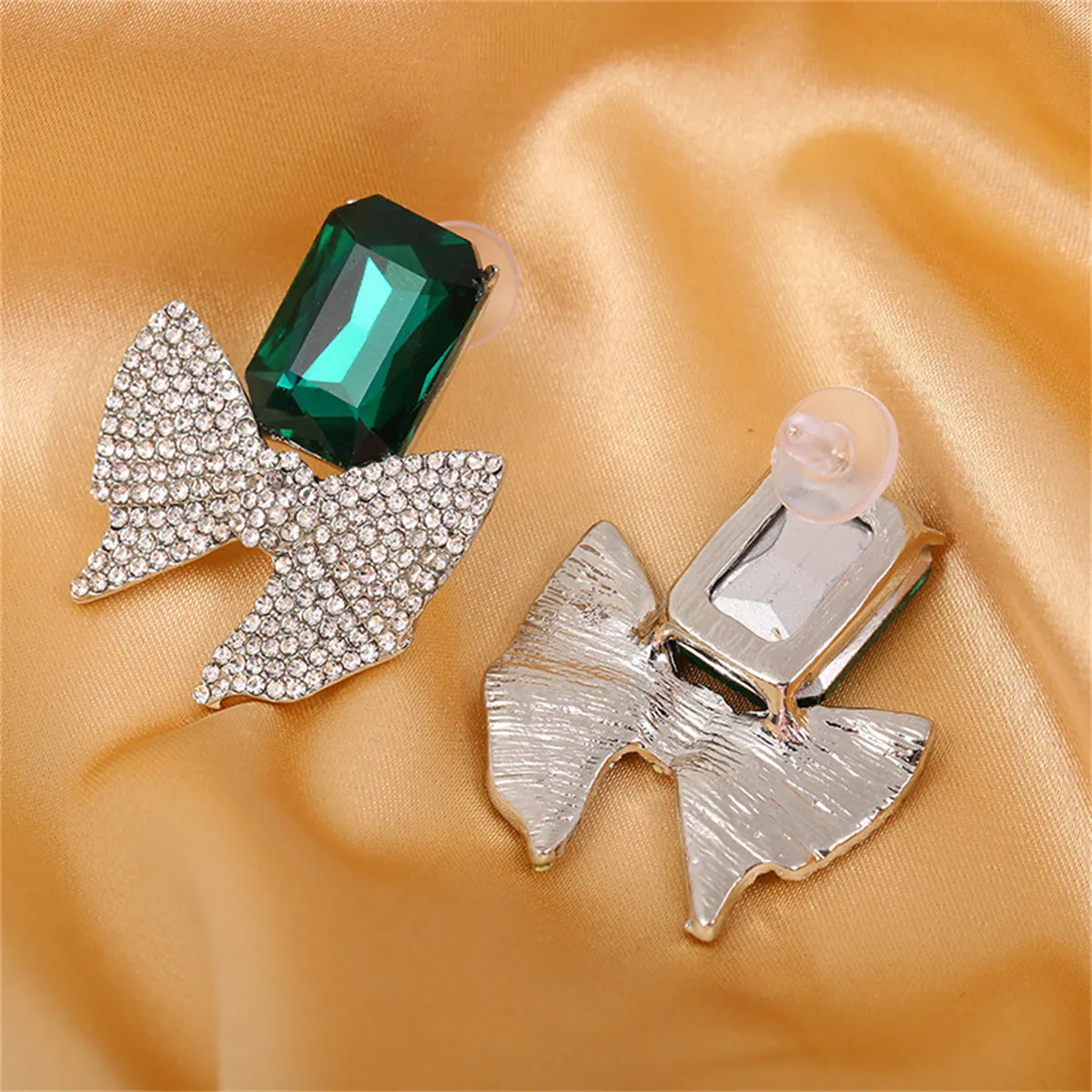 Green Crystal & Cubic Zirconia Silver-Plated Bow Drop Earrings