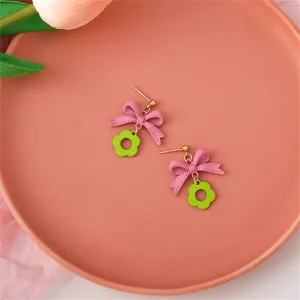 Green Enamel & 18K Gold-Plated Bow & Flower Drop Earrings