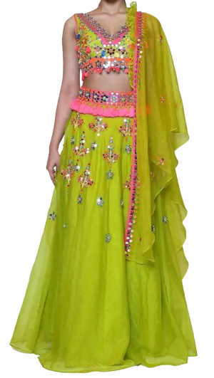 Green Organza Multi-Colored Mirrored Lehenga