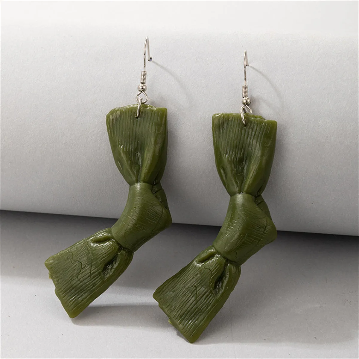 Green Polymer Clay & Silver-Plated Bow Drop Earrings