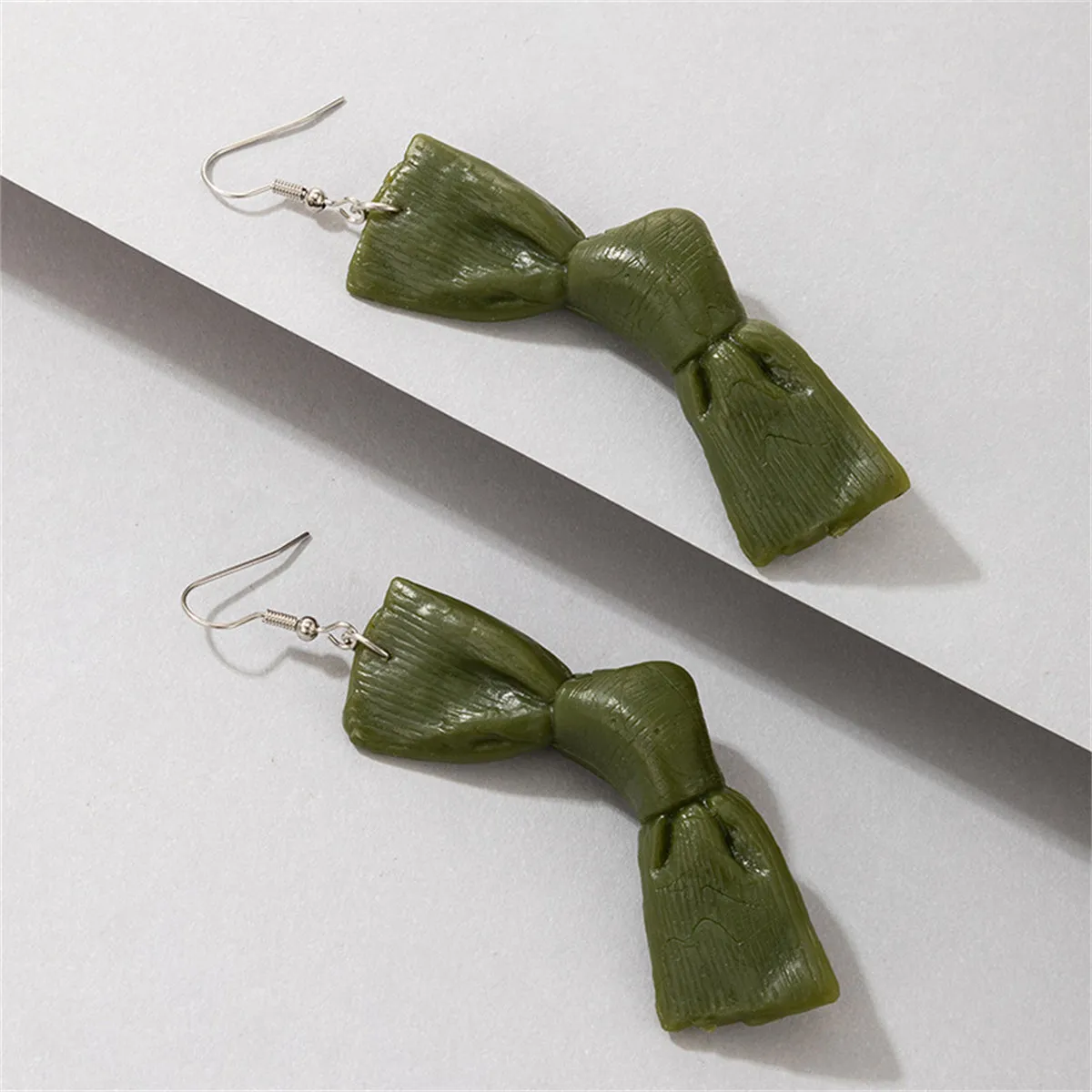 Green Polymer Clay & Silver-Plated Bow Drop Earrings