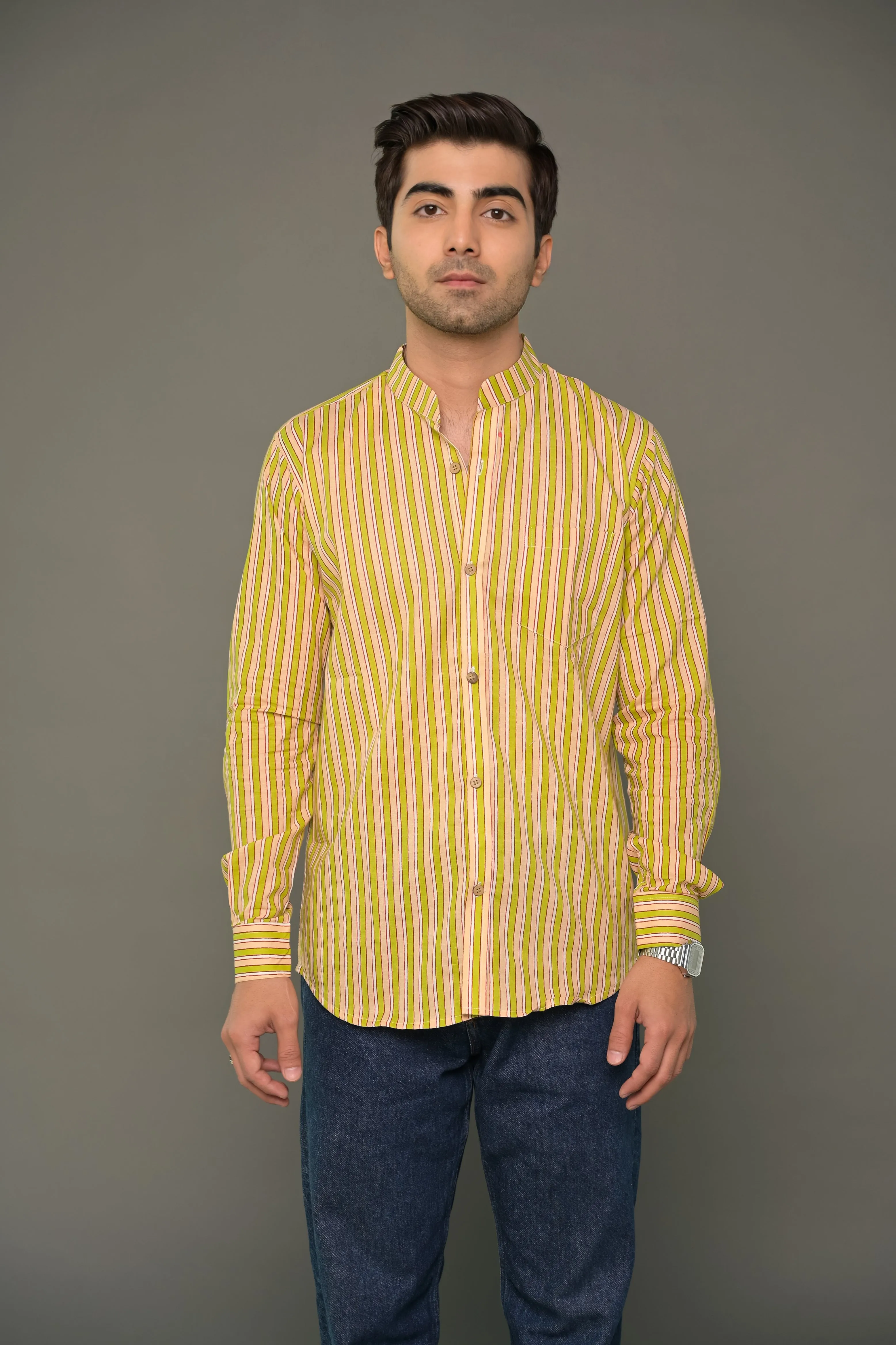 Green striped mandarin collared shirt