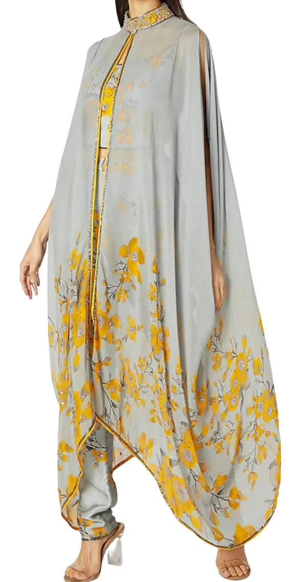 Grey and Yellow Printed Embroidered Cape Set