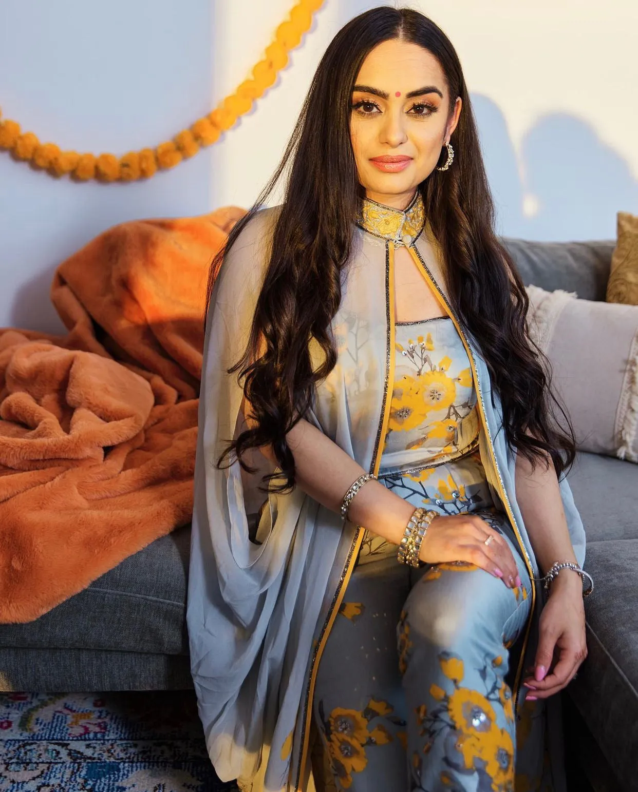 Grey and Yellow Printed Embroidered Cape Set