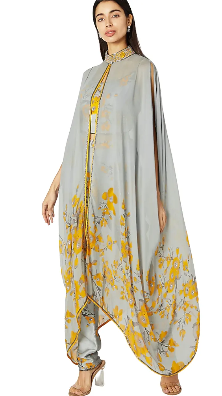 Grey and Yellow Printed Embroidered Cape Set