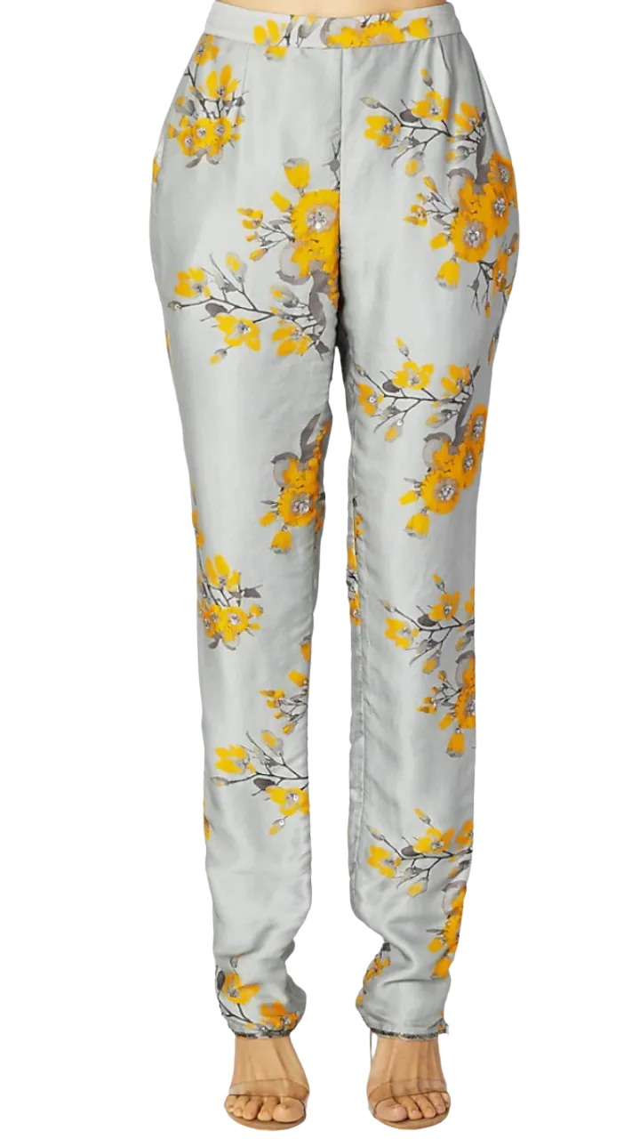 Grey and Yellow Printed Embroidered Cape Set