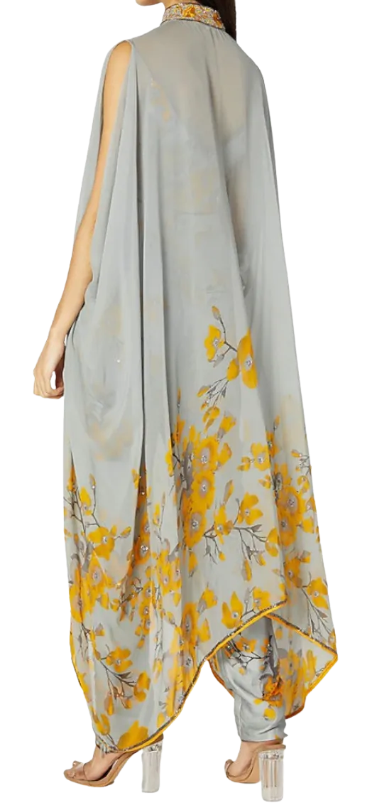 Grey and Yellow Printed Embroidered Cape Set
