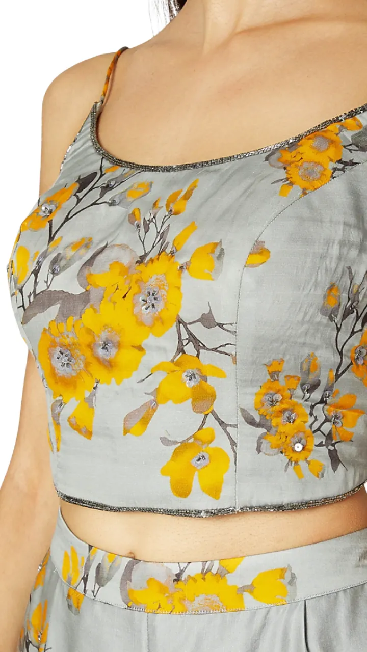Grey and Yellow Printed Embroidered Cape Set