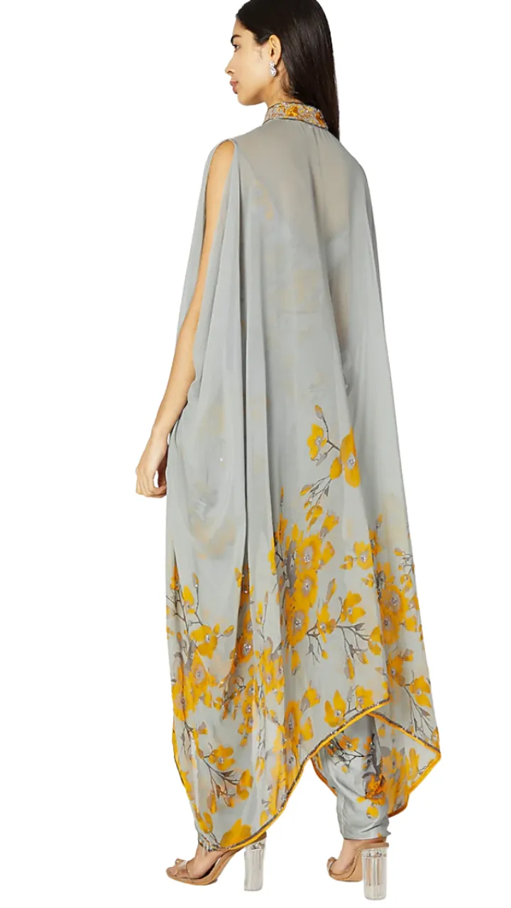 Grey and Yellow Printed Embroidered Cape Set