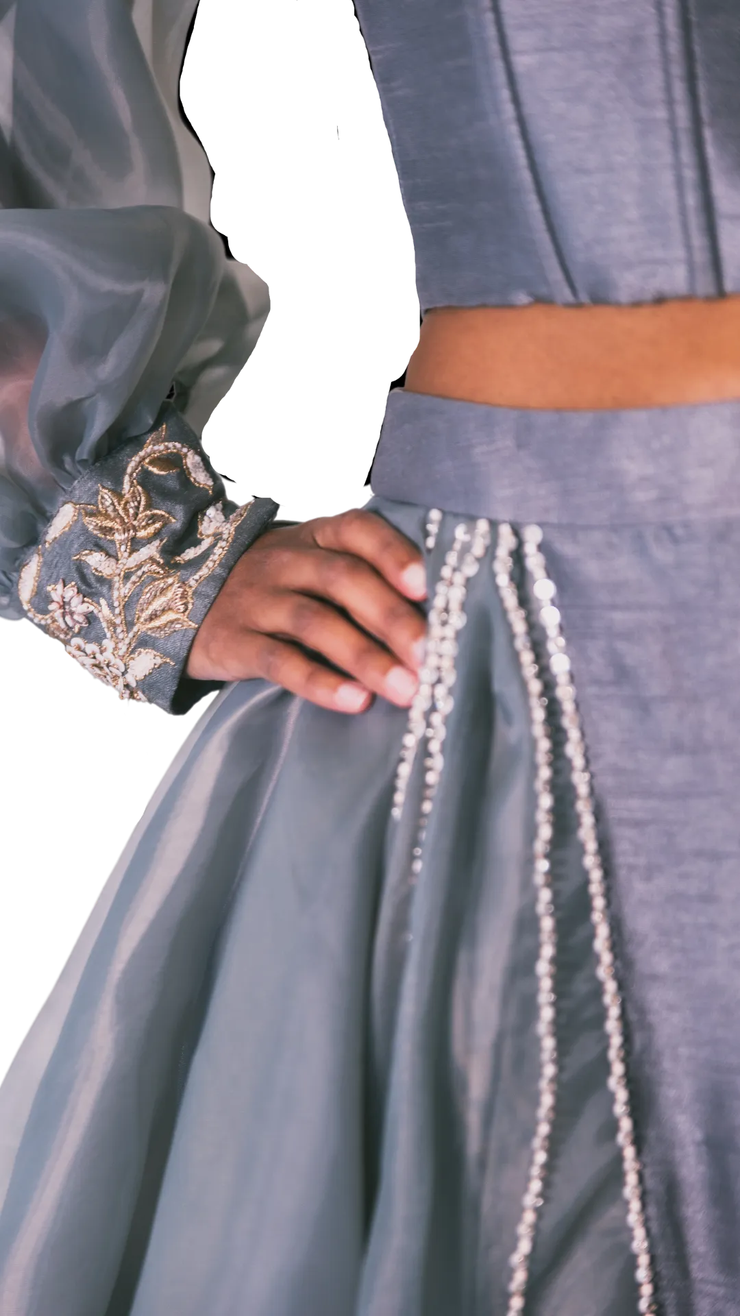 Grey Puff Sleeve Corset Lehenga