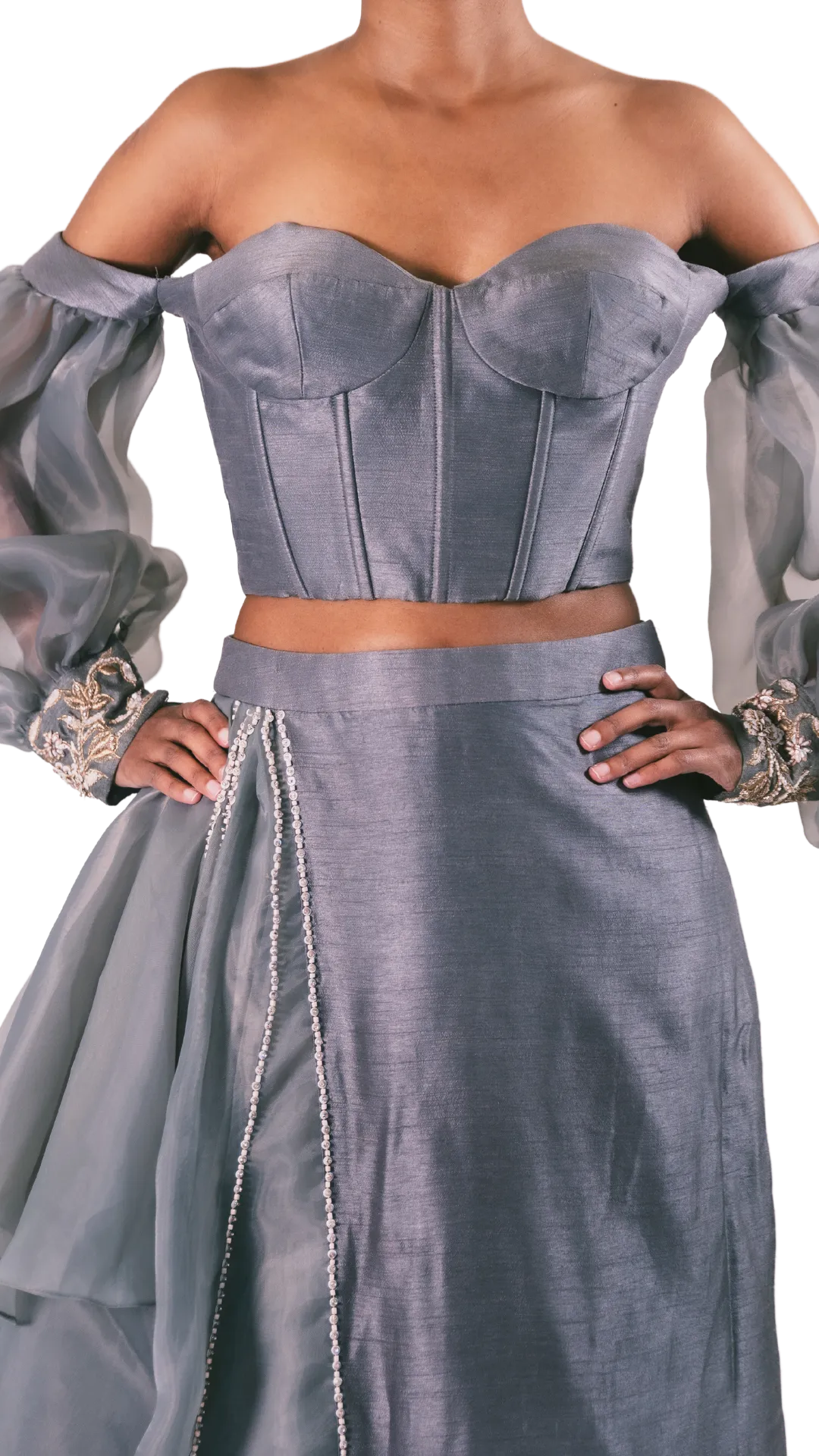 Grey Puff Sleeve Corset Lehenga