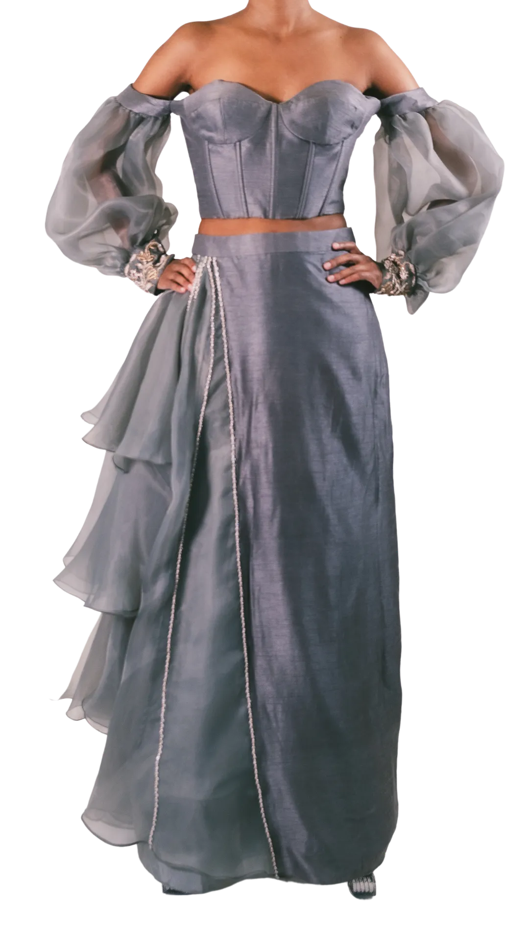 Grey Puff Sleeve Corset Lehenga