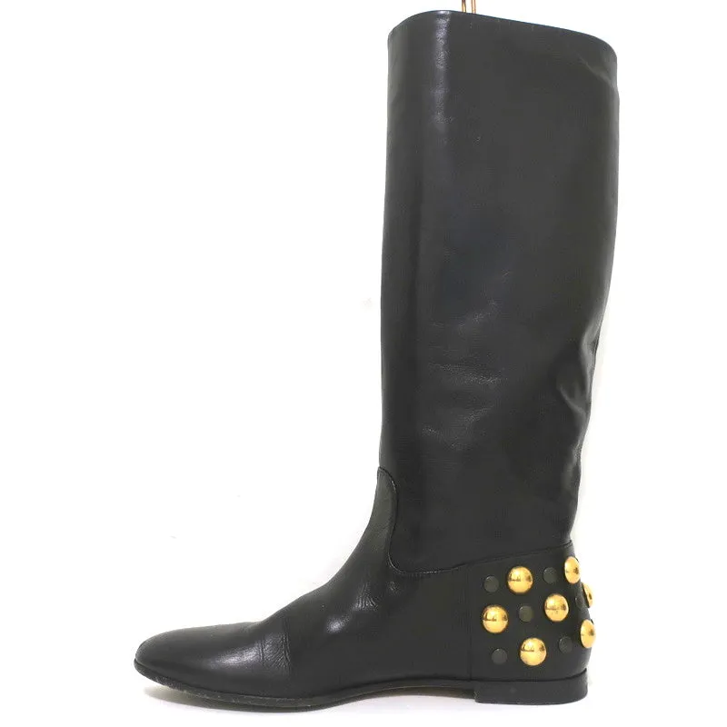 Gucci Babouska Studded Heel Knee High Boots Black Leather Size 38.5