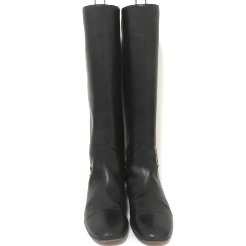 Gucci Babouska Studded Heel Knee High Boots Black Leather Size 38.5