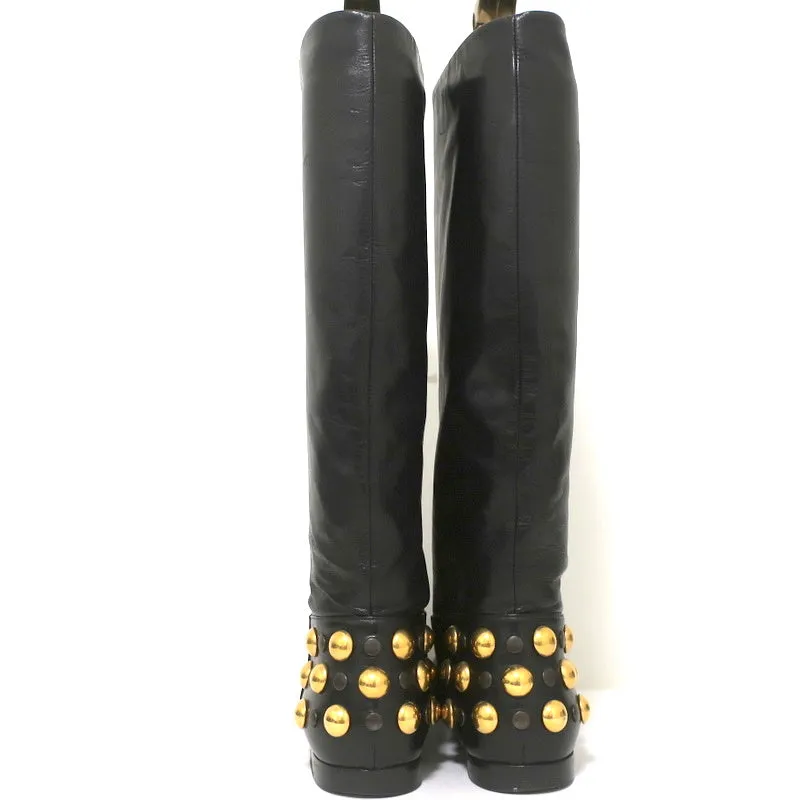 Gucci Babouska Studded Heel Knee High Boots Black Leather Size 38.5